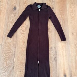 Long Zip-Front Knit Dress in Deep Brown